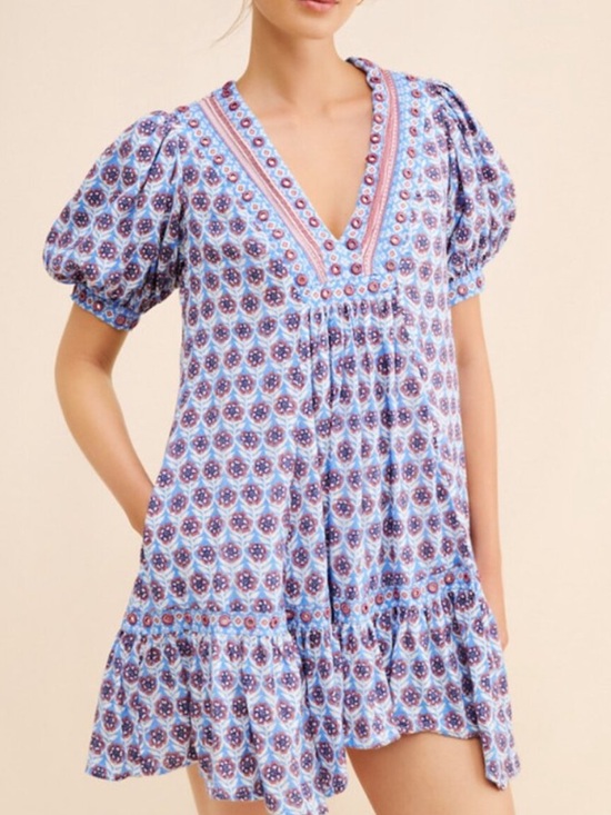 Maeve Dresses & Skirts - Maeve by Anthropologie Blue Puff-Sleeve V-Neck Mini Dress Large 38487